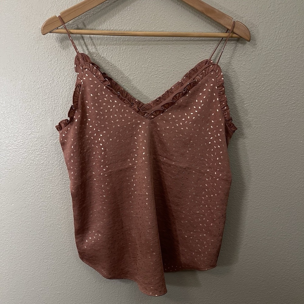 Express Satin Babydoll Strap Top Ruffles Brown Rose Gold Metallic Glam Size XS‎